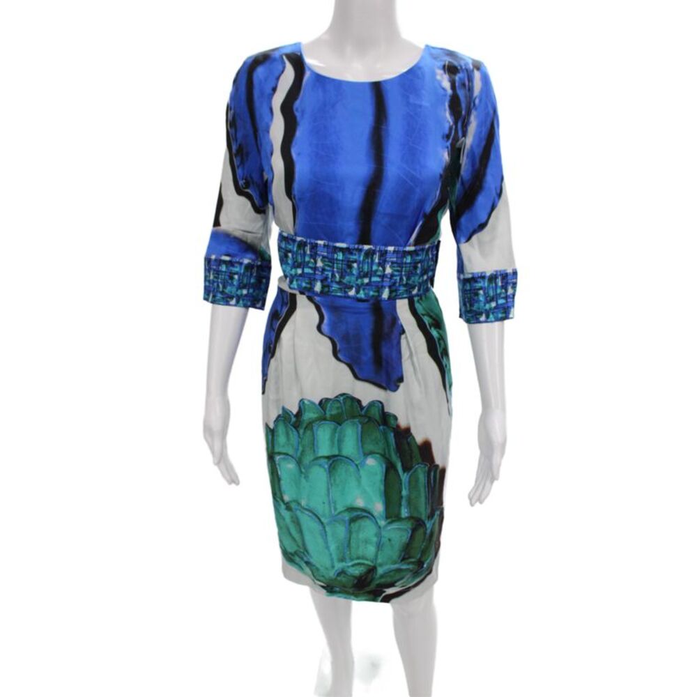 Risto Women Sheath Dress Silk Blue 3/4 Sleeve Knee Length Round Neck Size L